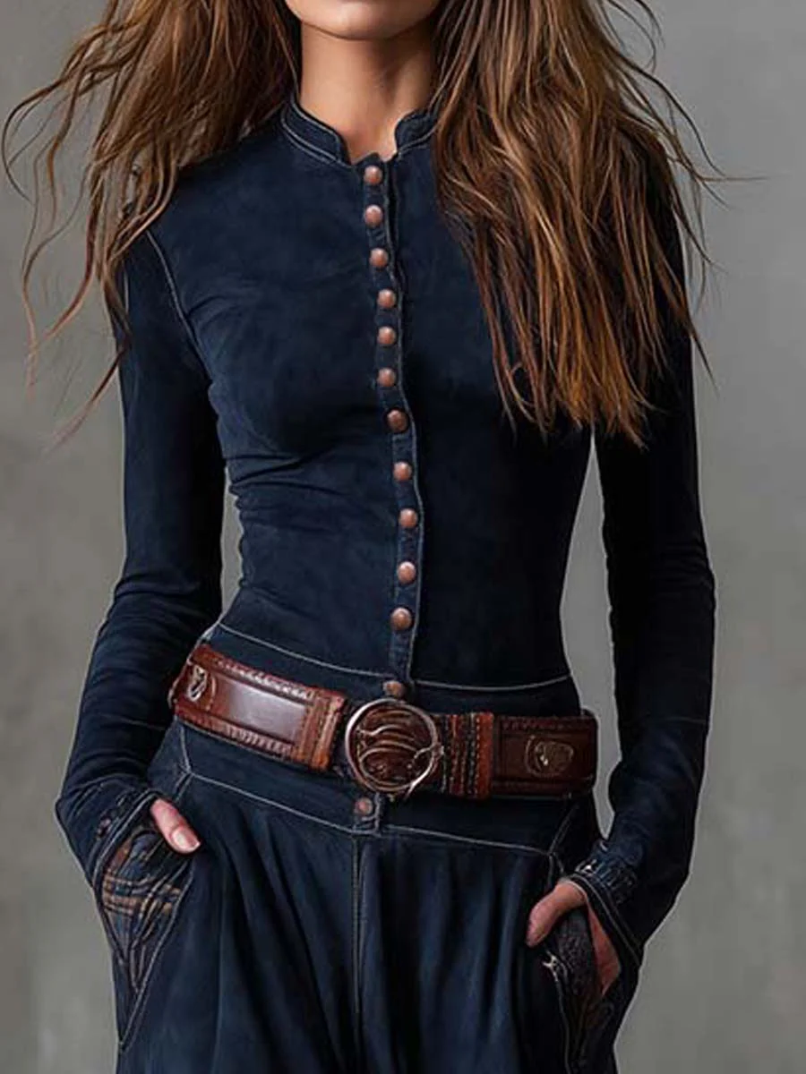 Lorena | Vestito lungo vintage in camoscio a quadri blu navy (Include cintura)