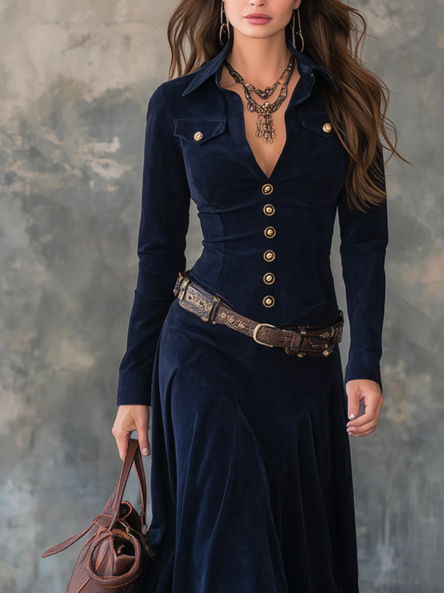 Elvira | Vestito lungo vintage in poliestere e scamosciato con tasche a soffietto (Include cintura)