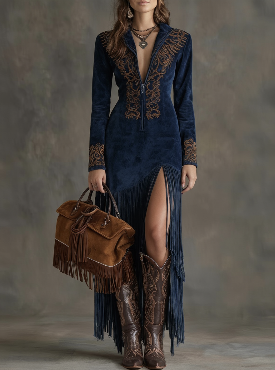 Valentina | Vestito lungo in stile western con mezza cerniera, ricamo e frange