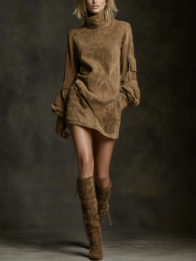 Sara | Minidress svasato in suede con collo alto