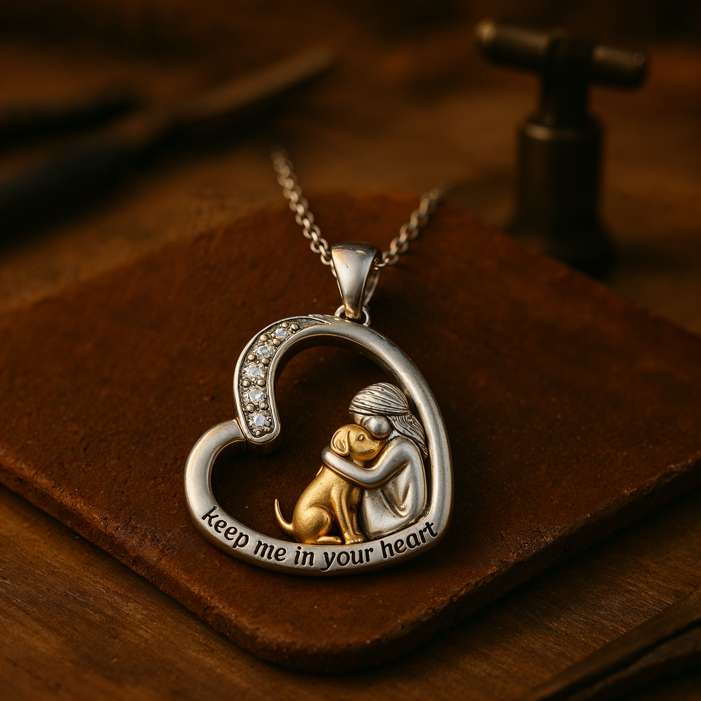 Collana con cuore d'argento con cane e pietre di zirconia